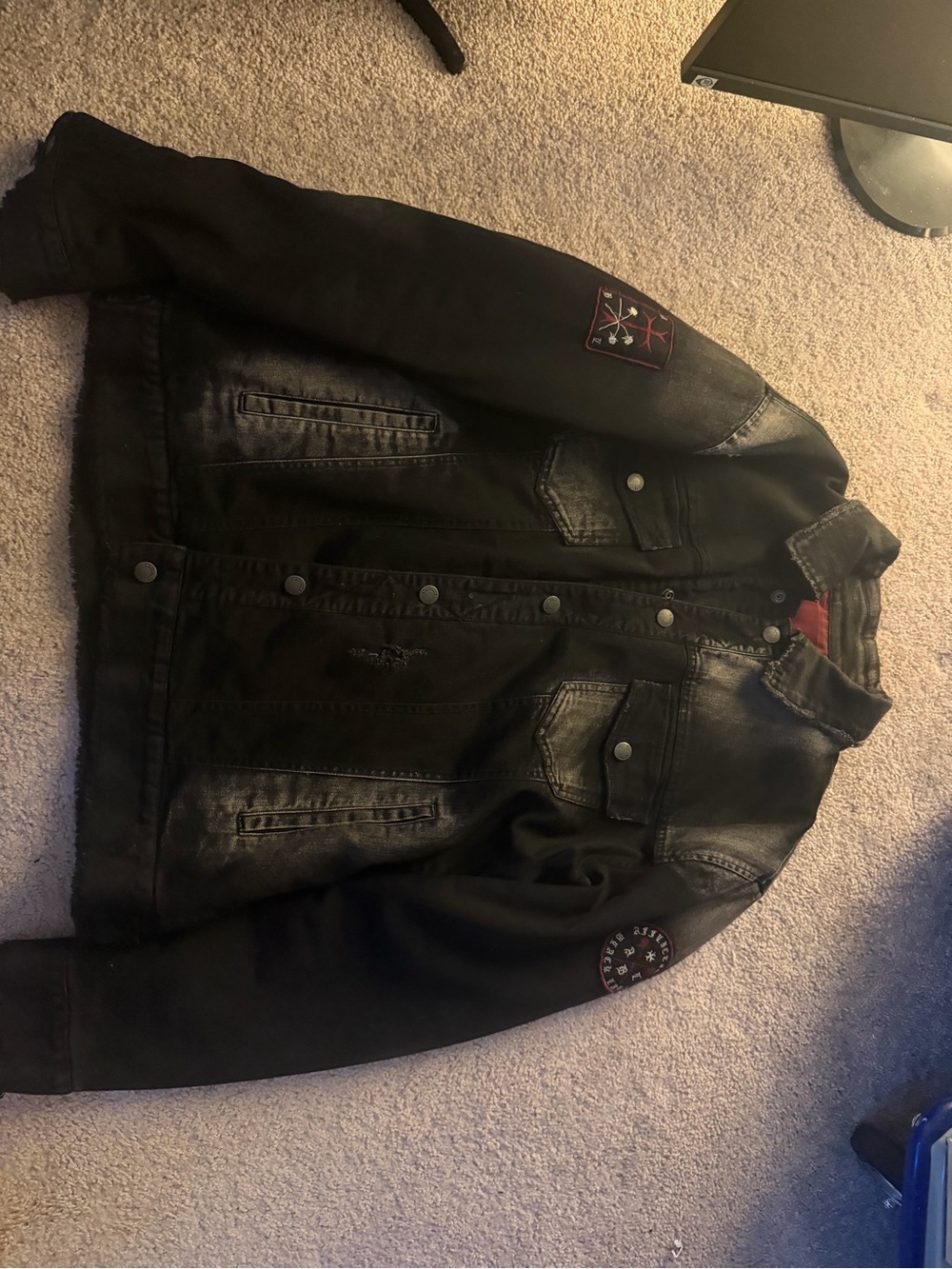 Affliction Black Bomber-Style Denim Jacket with Patch Accents